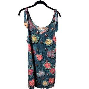 BayouWear Art4Now MedTeal Floral Bee Print Rayon Shift Dress Pockets Festival